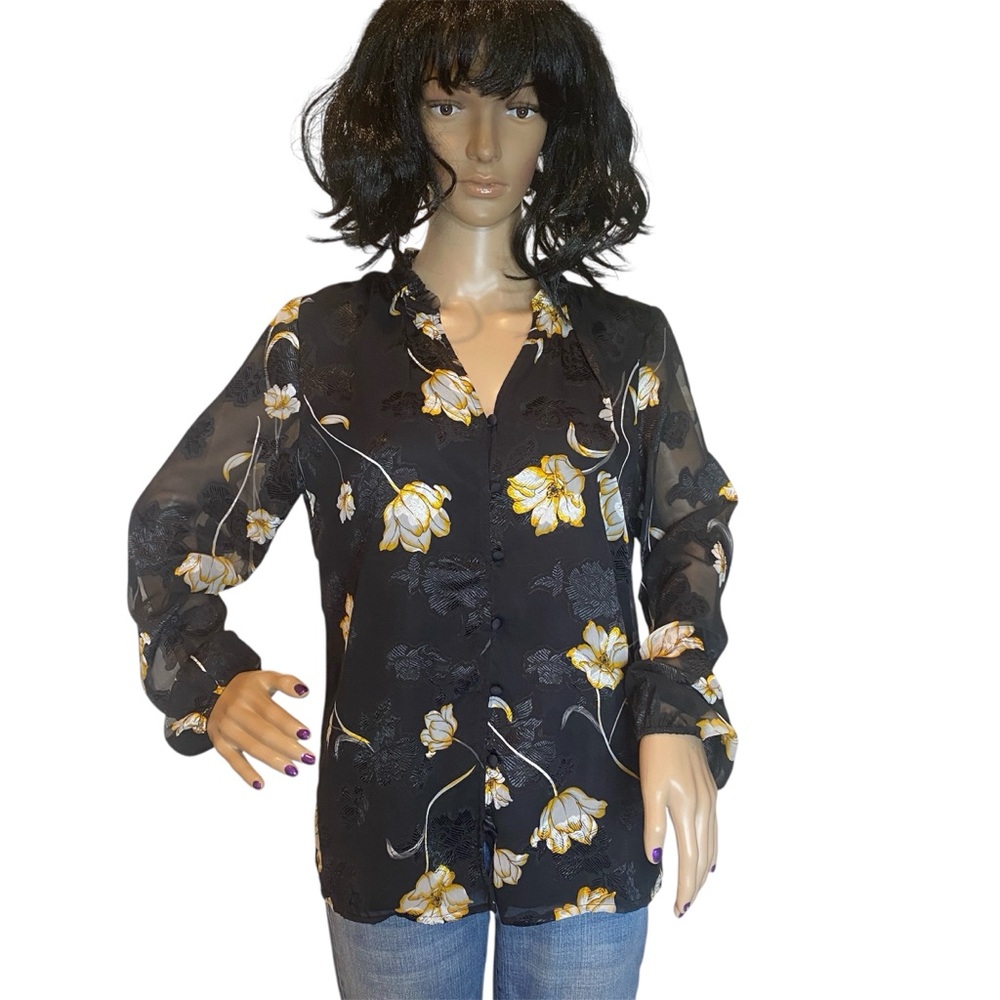 White House Black Market WHBM Ophelia Black Floral Blouse Shirred Neck Sz 8 EUC